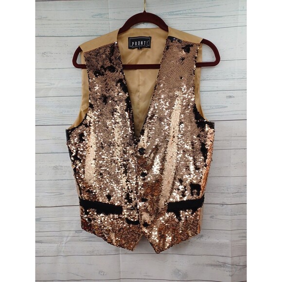 Pronti Collection By Phita Vest Black Gold Tan Sequined Sz L Embellished - Picture 1 of 10